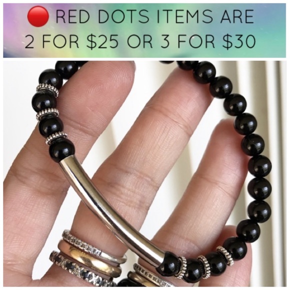 🔴 Genuine onyx gemstones beads silver bar boho stack bracelet - Picture 7 of 9